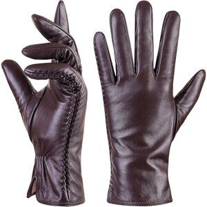 Women's Genuine Sheepskin Leather Gloves Winter Warm  Driving Dress Gloves Brown